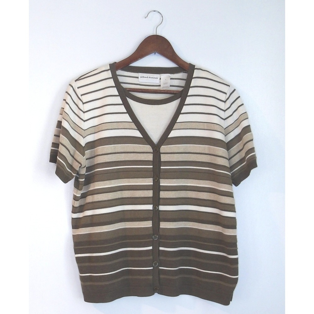 Alfred Dunner Knit‎ Top Cardigan Set Striped Short Sleeve Brown Beige L / #5156